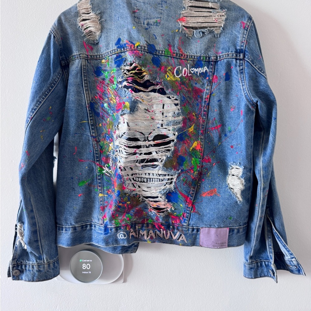 Custom Art Distressed Denim Jacket, Colombian